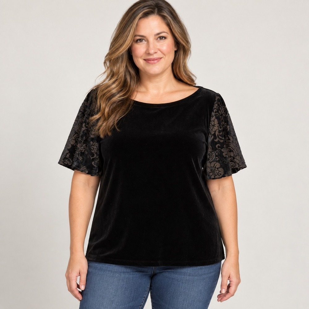 Lauren Ralph Lauren Velvet Top Womens Large Black Floral Burnout Short Sleeve